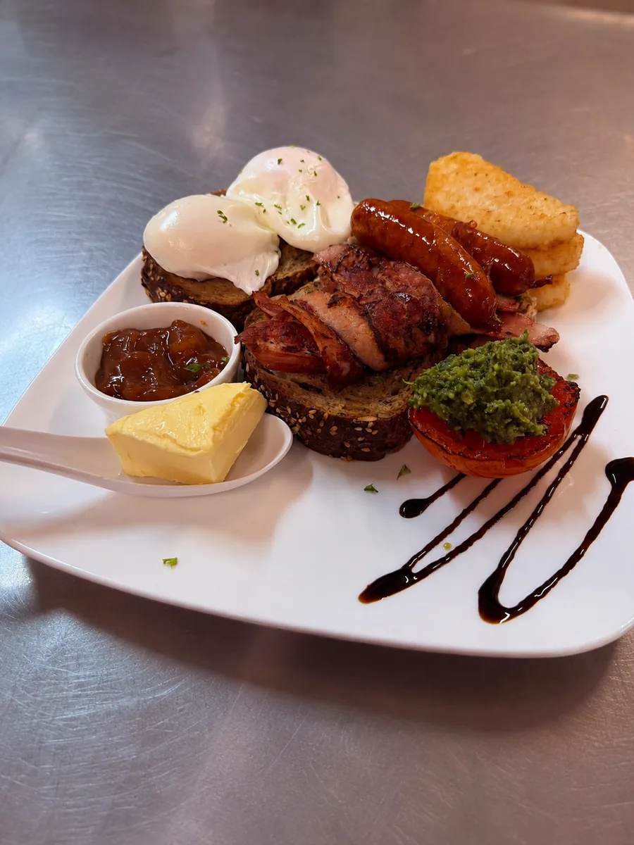 Kitchen Republic Cafe breakfast plate with poached eggs, sausages and toast