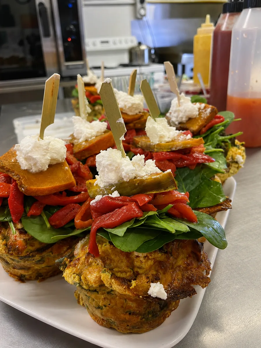 Savoury vegetable stacks with greens and roasted peppers