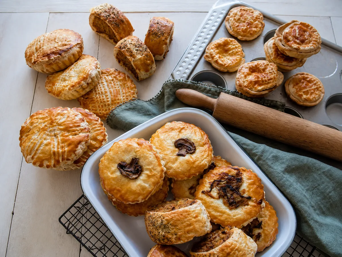 Freshly baked savouries and scones arranged on a tray